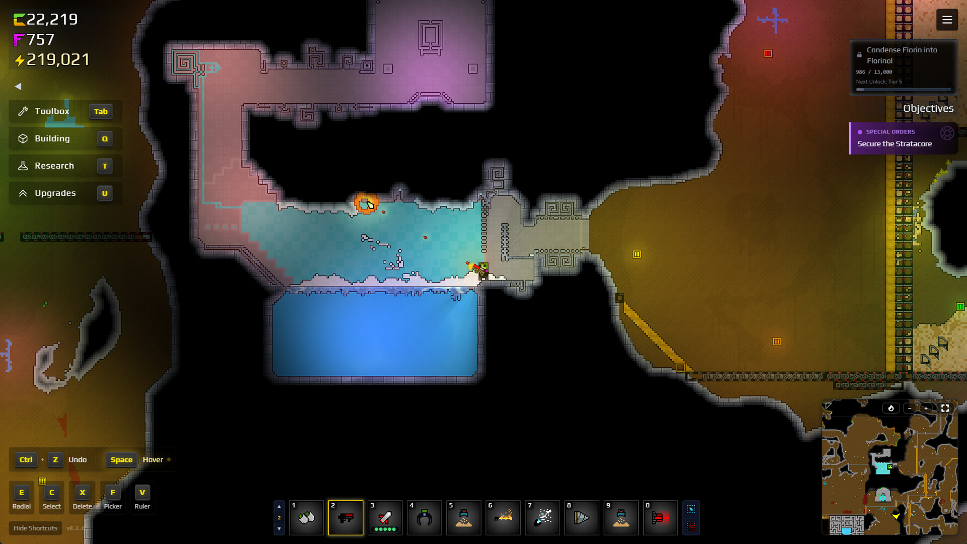 Digging below the surface: water pockets, ore veins, and fully destructible terrain.